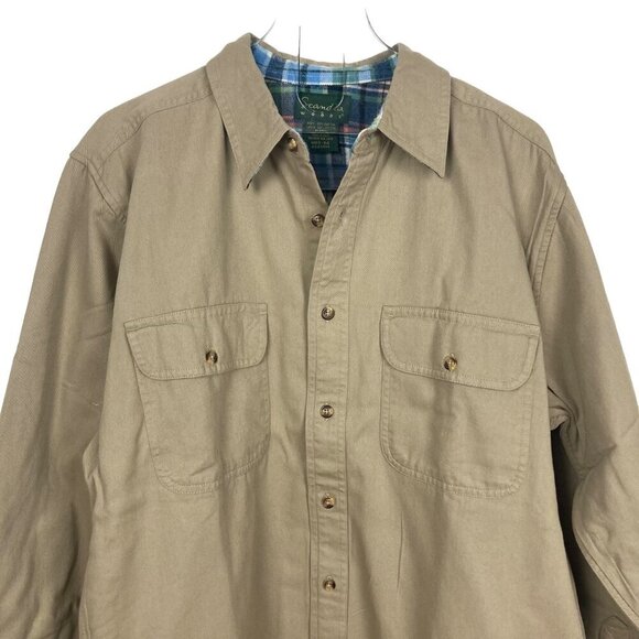 Scandia Woods Flannel Lined Khaki Shirt Medium Button Front Blue Plaid Lining - Picture 3 of 6